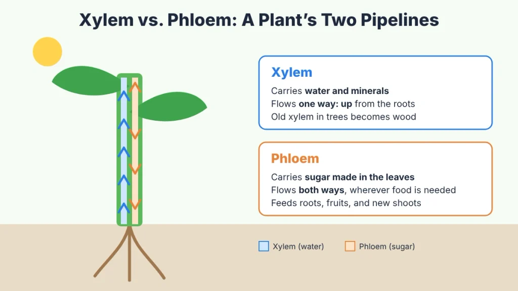 Diagram comparing xylem carrying water upward and phloem carrying sugar in a plant stem